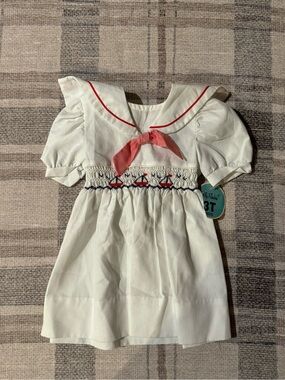 Vintage Polly Flinders Girls Nautical Smocked Sailor Dress